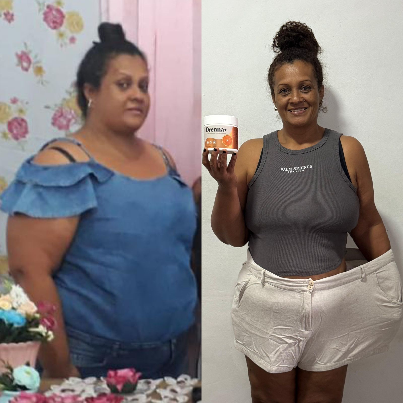 Antes e depois de cliente usando o Drenna+ emagrecedor — resultado real de emagrecimento