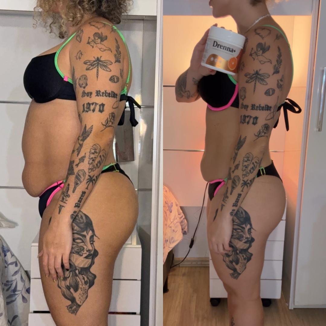 Resultado do Drenna+ emagrecedor — antes e depois mostrando redução de barriga