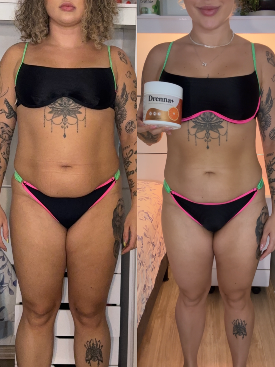 Resultado do Drenna+ emagrecedor — antes e depois corpo inteiro cliente satisfeita