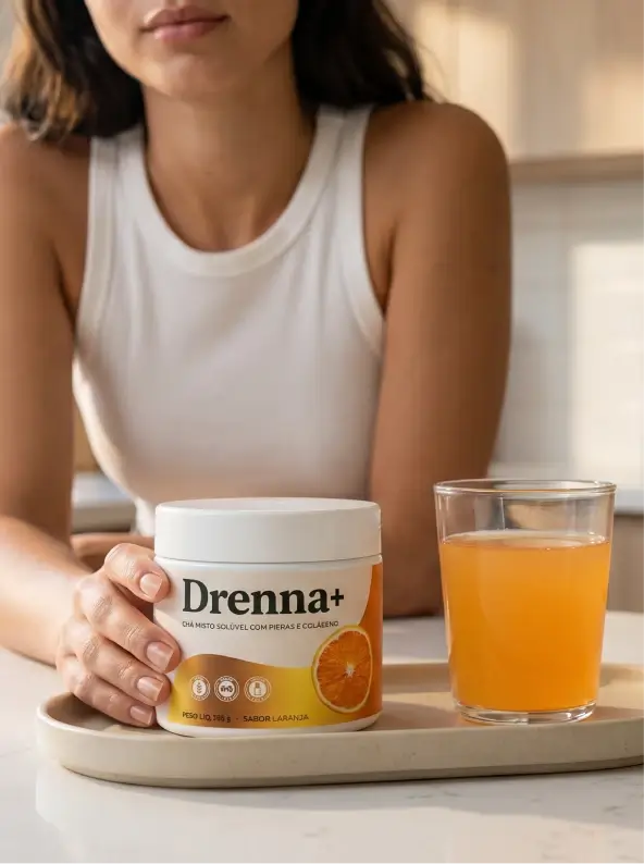 Pote do Drenna+ emagrecedor sabor laranja ao lado de um copo com o suco preparado