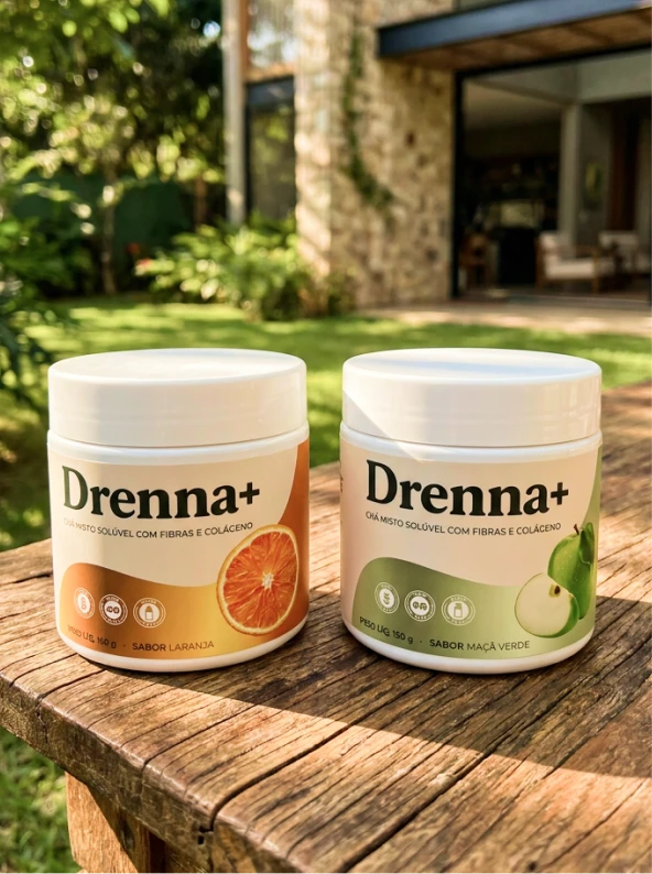 Dois potes do Drenna+ emagrecedor sabor laranja e maçã verde sobre mesa de madeira no jardim